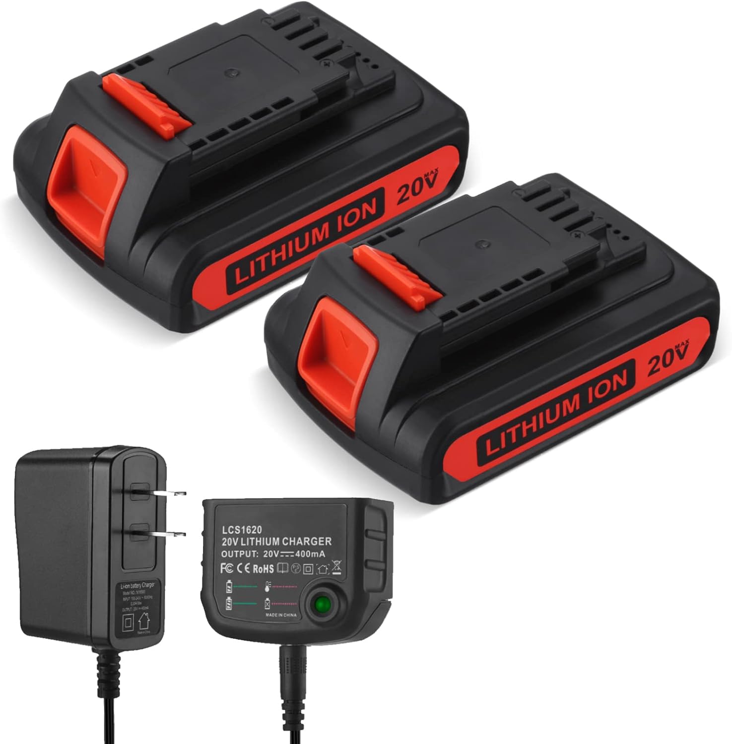 2-Pack 20V 3.0Ah Replacement Batteries & Charger for Black & Decker Tools