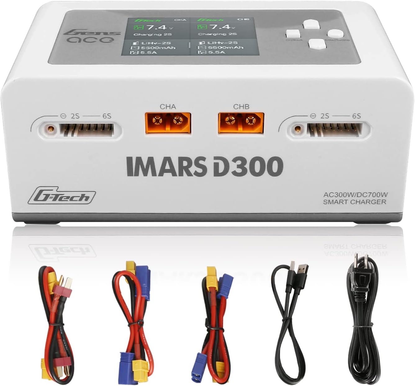 Gens Ace IMARS D300 G-Tech Smart Dual Lipo Charger 16A AC 300W DC 700W (White)
