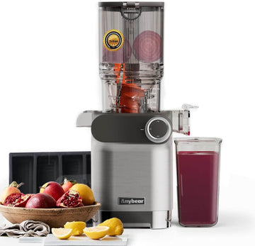 Anybear Cold Press Juicer in silver with fruits and juice, featuring 200W masticating technology, BPA-free Tritan material.