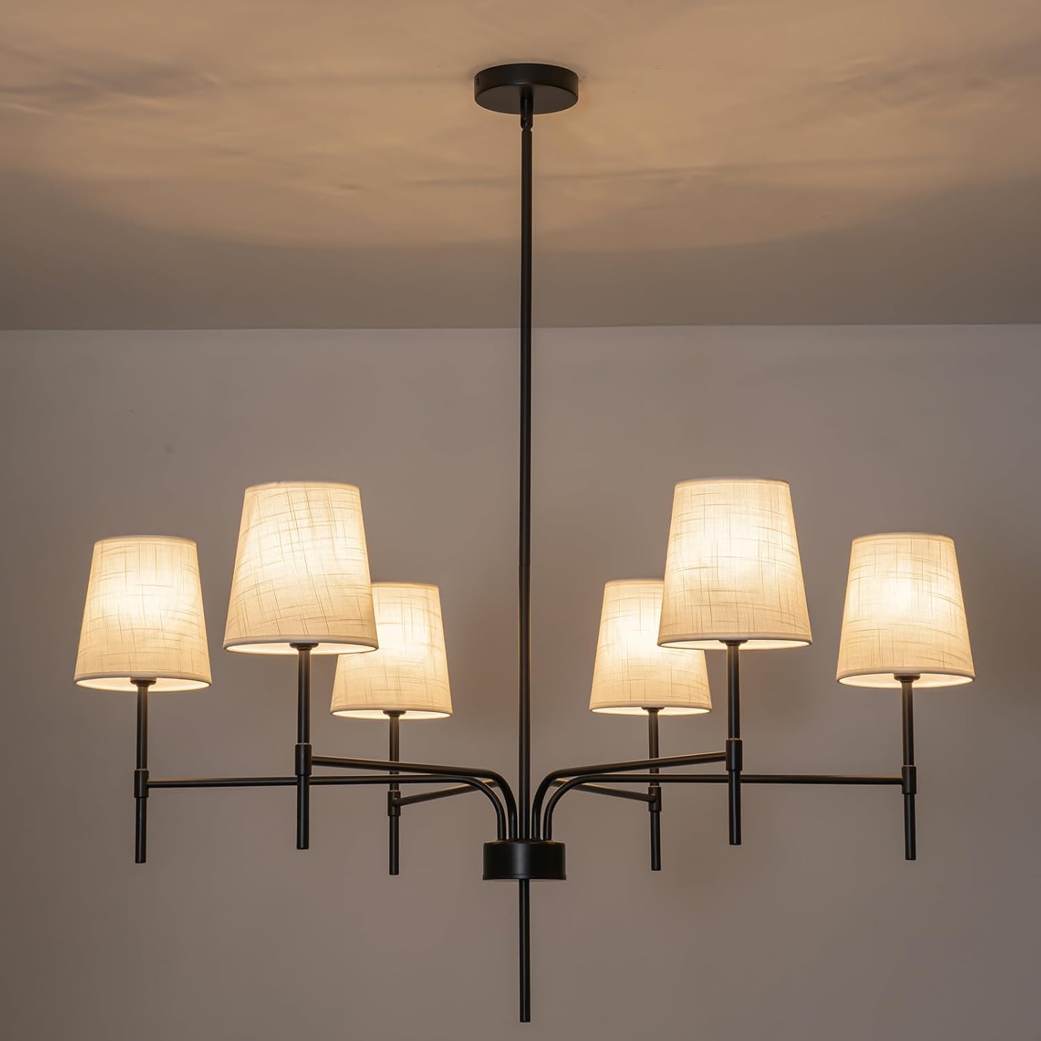 Black Dining Room Chandelier with White Fabric Shades