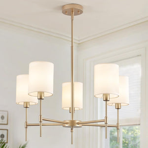Modern Gold Chandelier with White Fabric Shade