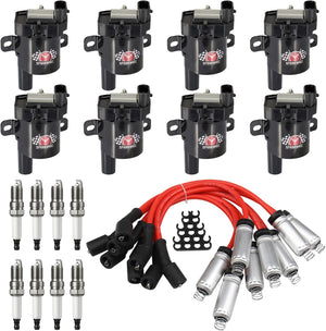 Set of 8 Round Ignition Coils D585 with Spark Plugs and 748UU 8mm Wires for Chevy and GMC Vehicles
