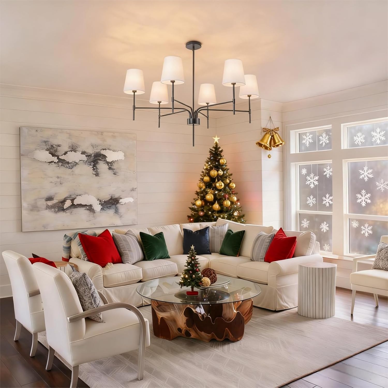 Black Dining Room Chandelier with White Fabric Shades