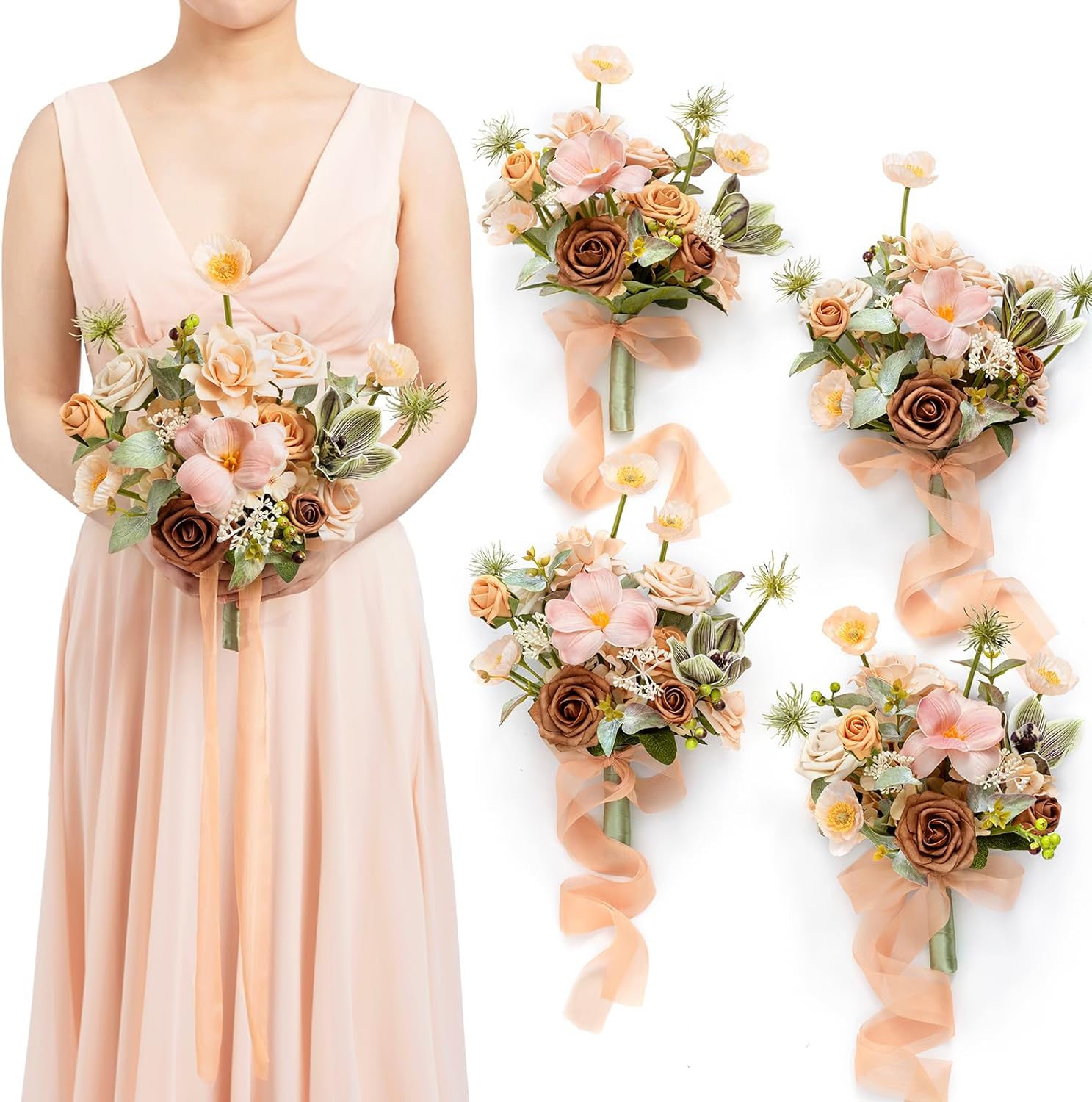 7-inch apricot and peach wedding bouquets