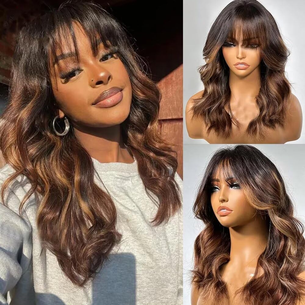 Ombre Brown and Honey Blonde Layered Cut Wavy Human Hair Wig With Bangs - 16" HD 13X4 Glueless Lace Front