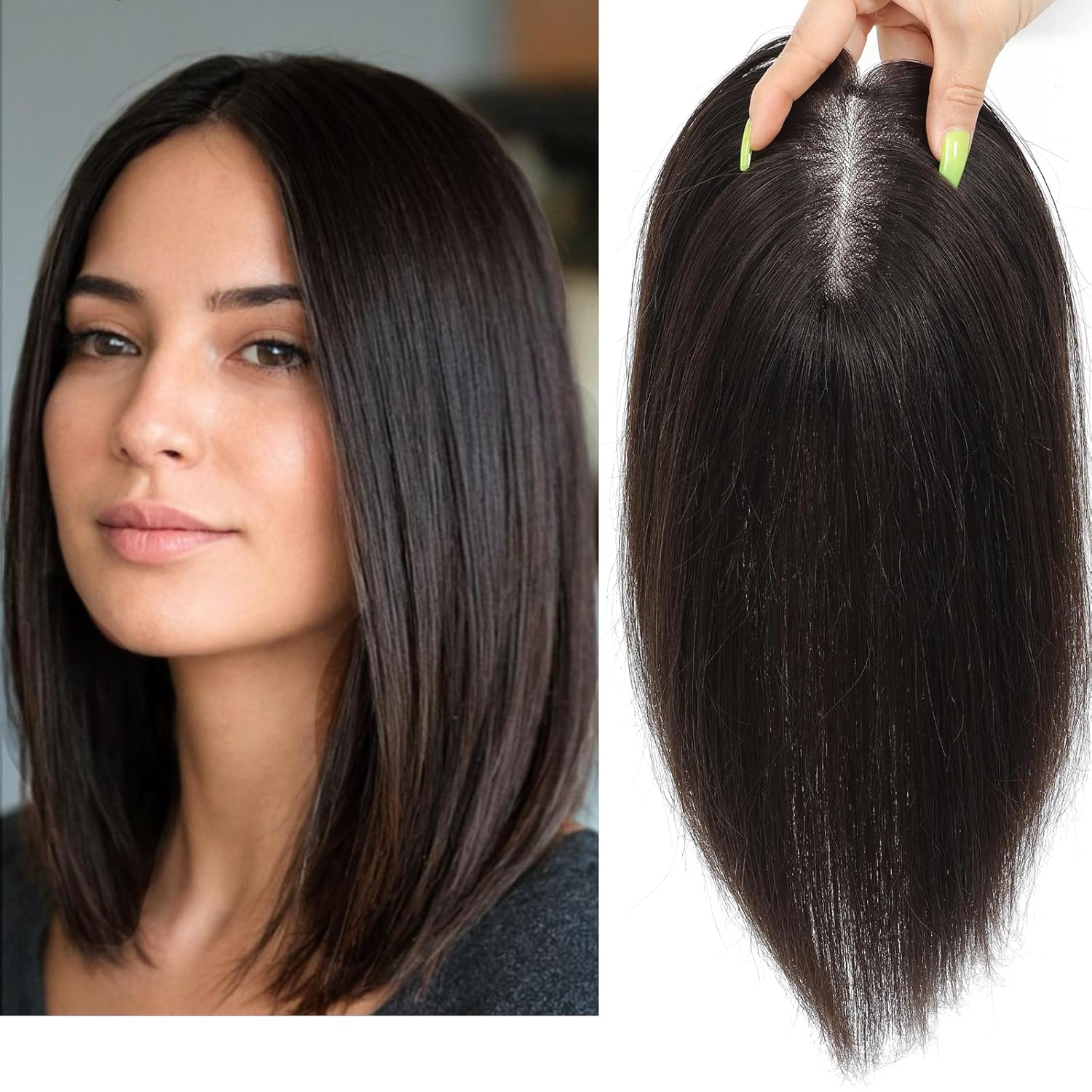 Lagomance 100% Real Human Hair Topper for Women - 12-Inch Dark Brown Mono Base Hairpiece