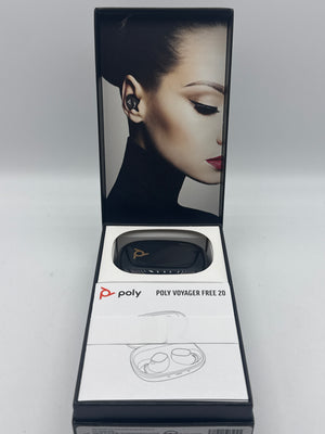 Close-up of Poly Voyager Free 20 earbuds