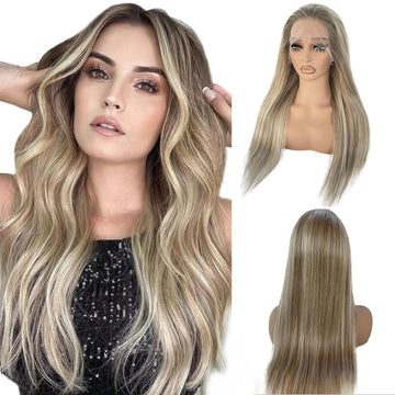 13x4 Blonde Lace Front Wigs Human Hair, Highlighted Ash Brown Mix Platinum Blond