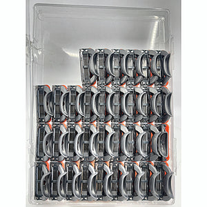 Fusion 5 style razor blade refills in clear tray overhead view