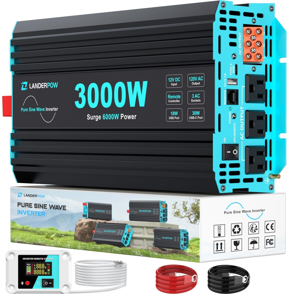 Stock photo – Pure Sine Wave Power Inverter 12V DC to 120V AC Factory Sealed