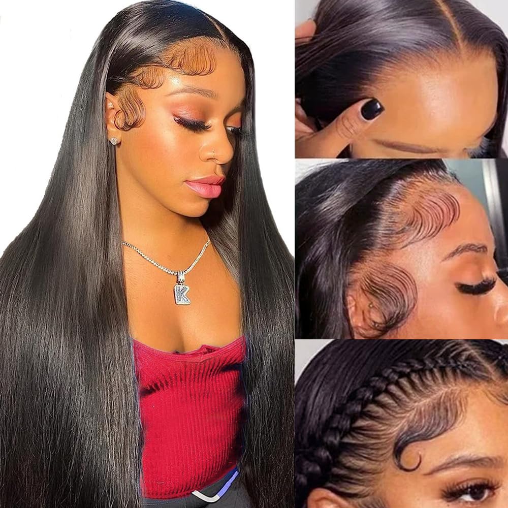SOPSFR 28 inch straight human hair wig lace frontal close-up