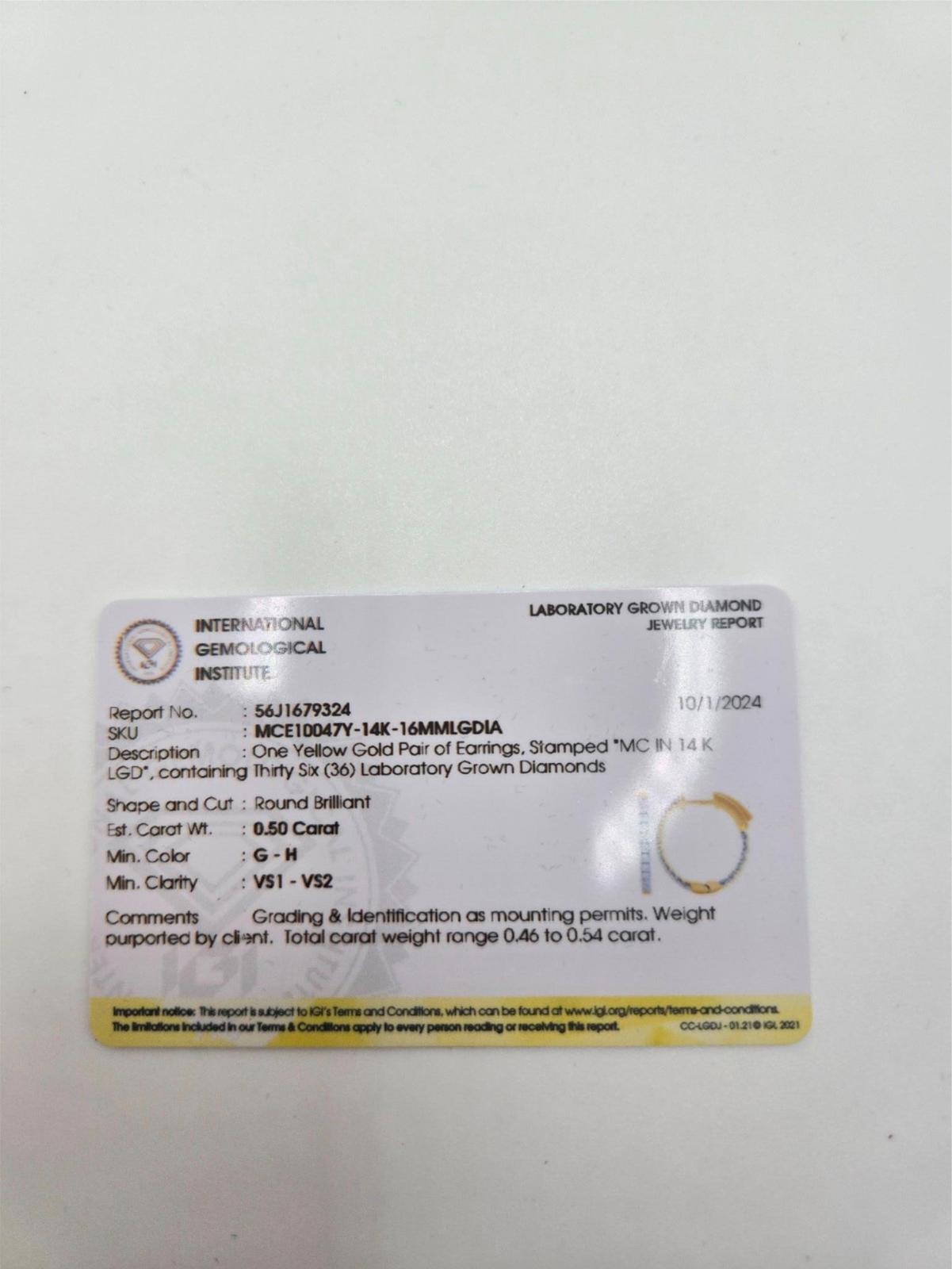 IGI Certified 0.5 Carat Lab Grown Diamond Hoop Earrings in 14K Gold