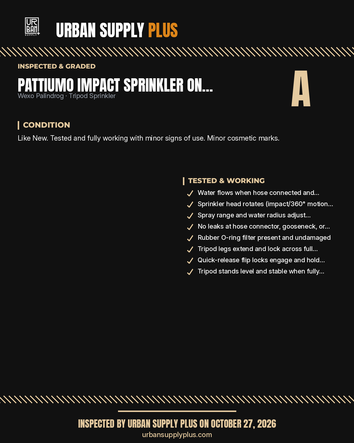 Diagnostic sheet – Pattiumo Impact Sprinkler on Adjustable Tripod, Green, Like New