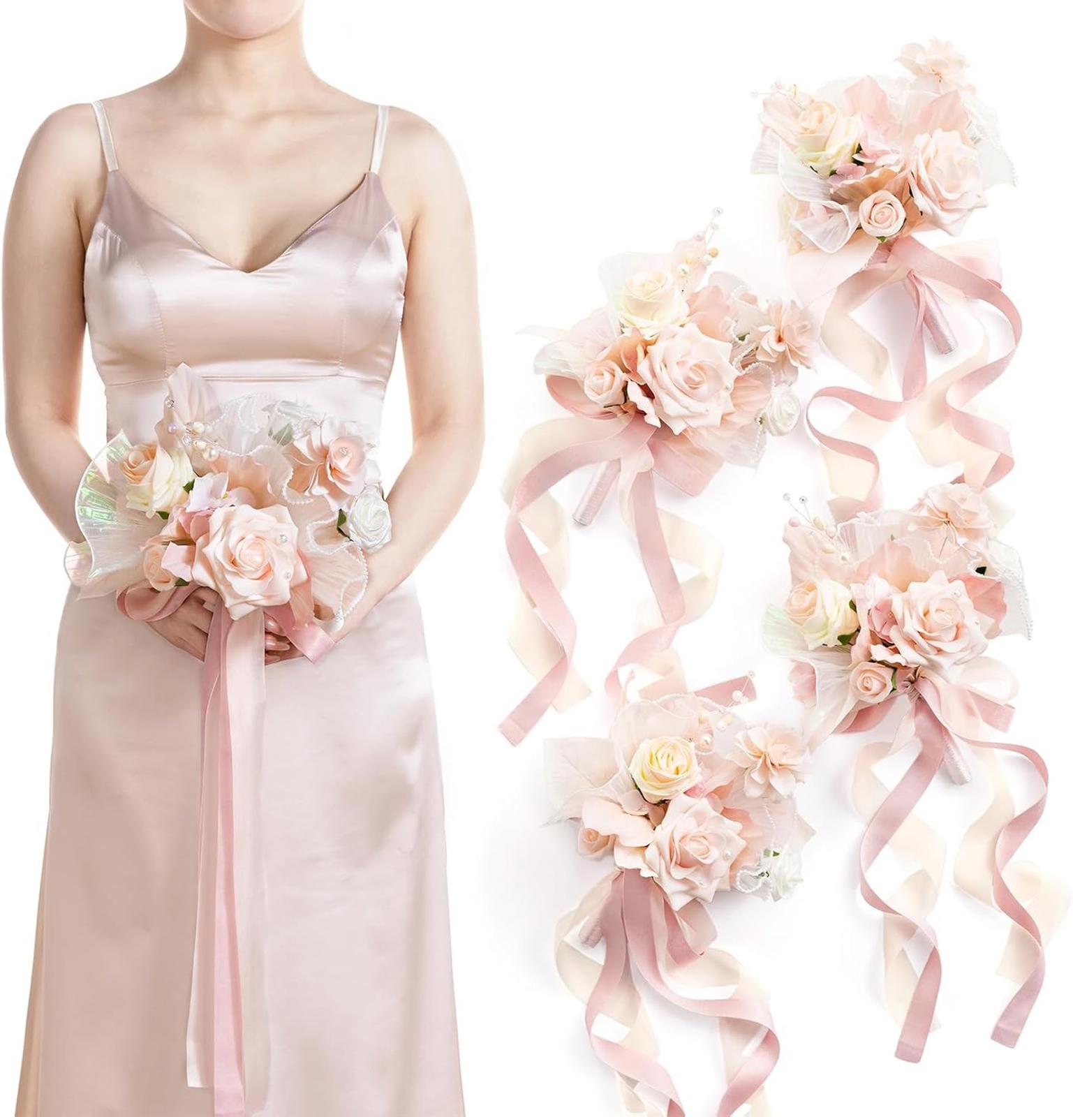 Ling's Moment Artificial Flowers Pink Bridesmaid Bouquet Set of 4