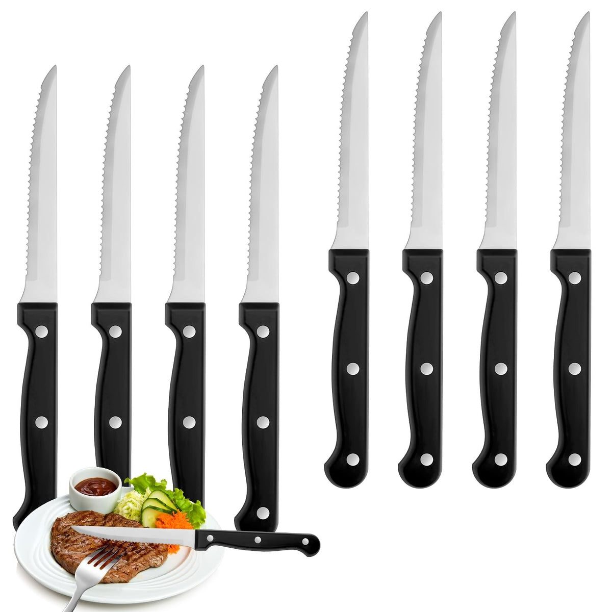 Serrated Steak Knife Set of 8, 9-inch High-Carbon Steel, Factory Sealed — photo 1
