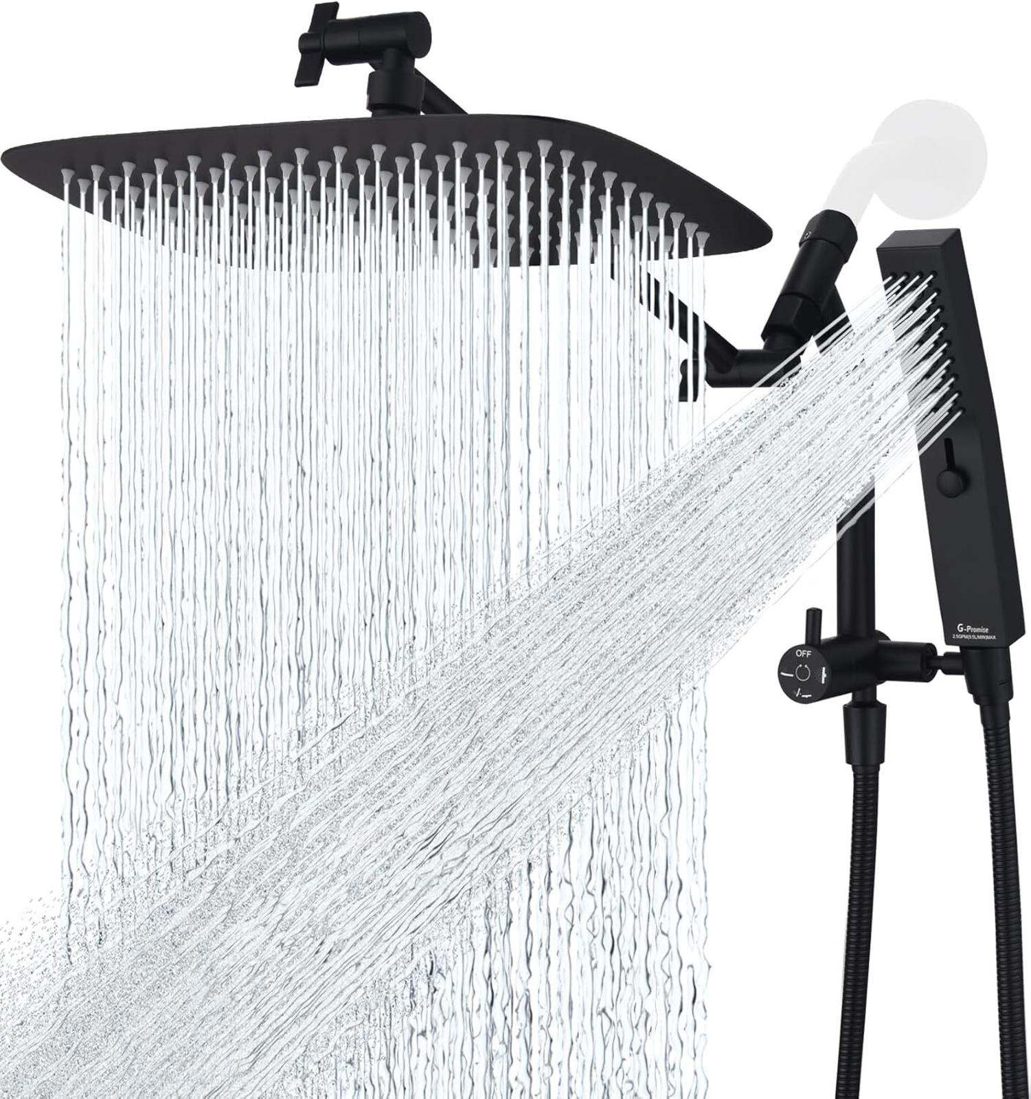 G-Promise All Metal 12 Inch Shower Head with Massage Mode Handheld