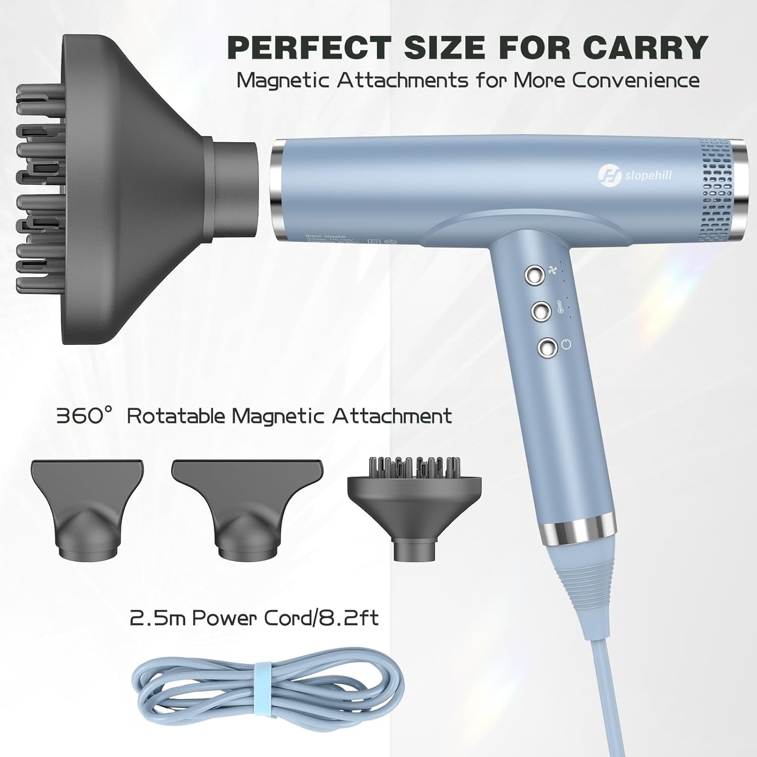 Slopehill Ionic Hair Dryer in blue with brushless motor, magnetic attachments, and 2.5m cord. Ideal for home and salon use.