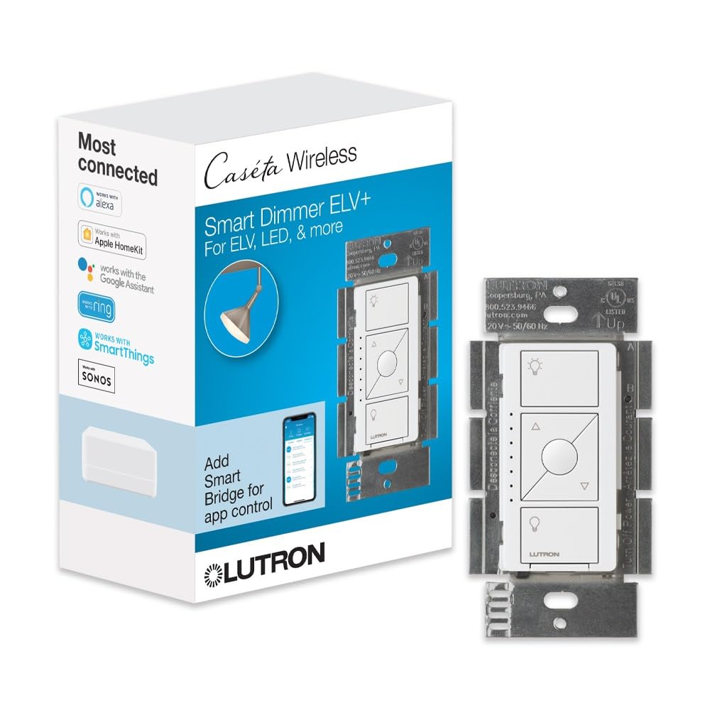 Lutron Caseta Smart Dimmer Switch ELV+ PD-5NE-WH – 250W LED, Single-Pole/3-Way, Neutral Required