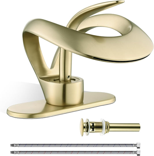 AUU Waterfall Brushed Gold Vanity Sink Faucet