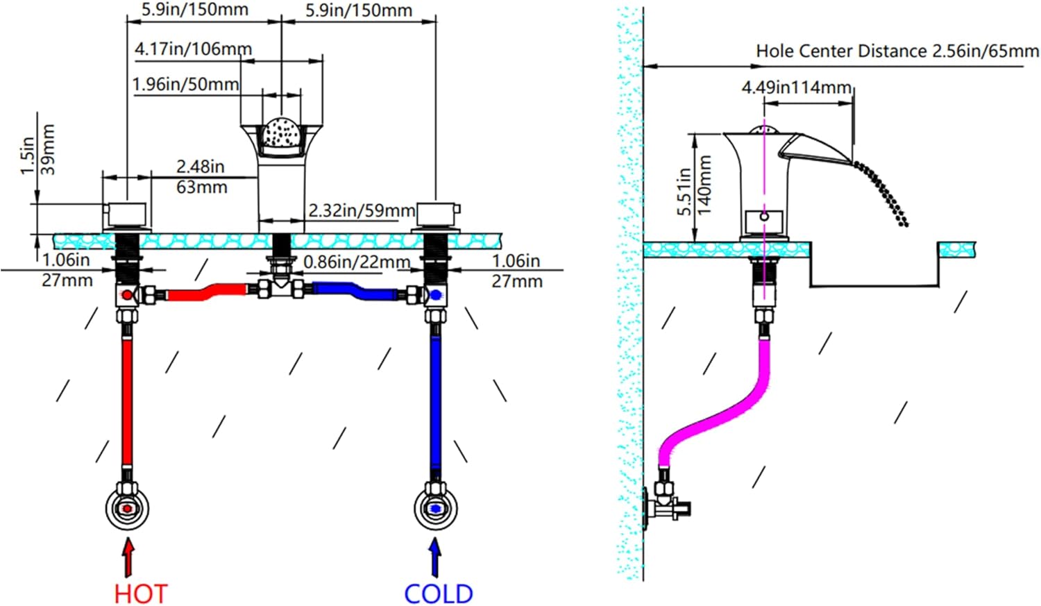 LED Bathroom Faucet 3 Hole Waterfall Sink Faucet with LED Light