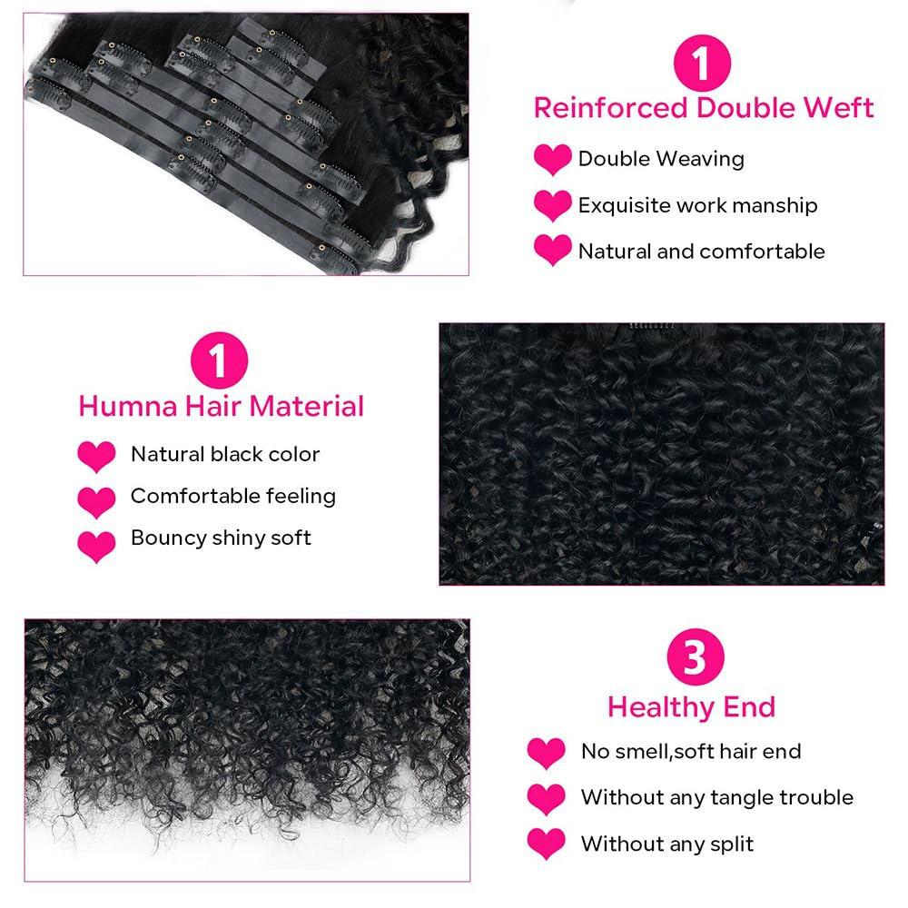 Seamless Curly Clip in Hair Extensions Real Human Hair Brazilian Virgin Human Hair Clip in Extensions 8Pcs Seamless Clip ins for Black Women with 18Clips PU Skin Weft 120g 20inch Natural Black