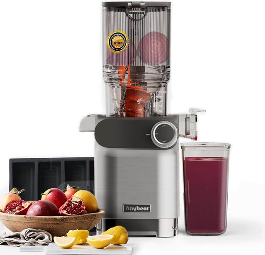 Anybear Cold Press Juicer in silver with fruits and juice, featuring 200W masticating technology, BPA-free Tritan material.