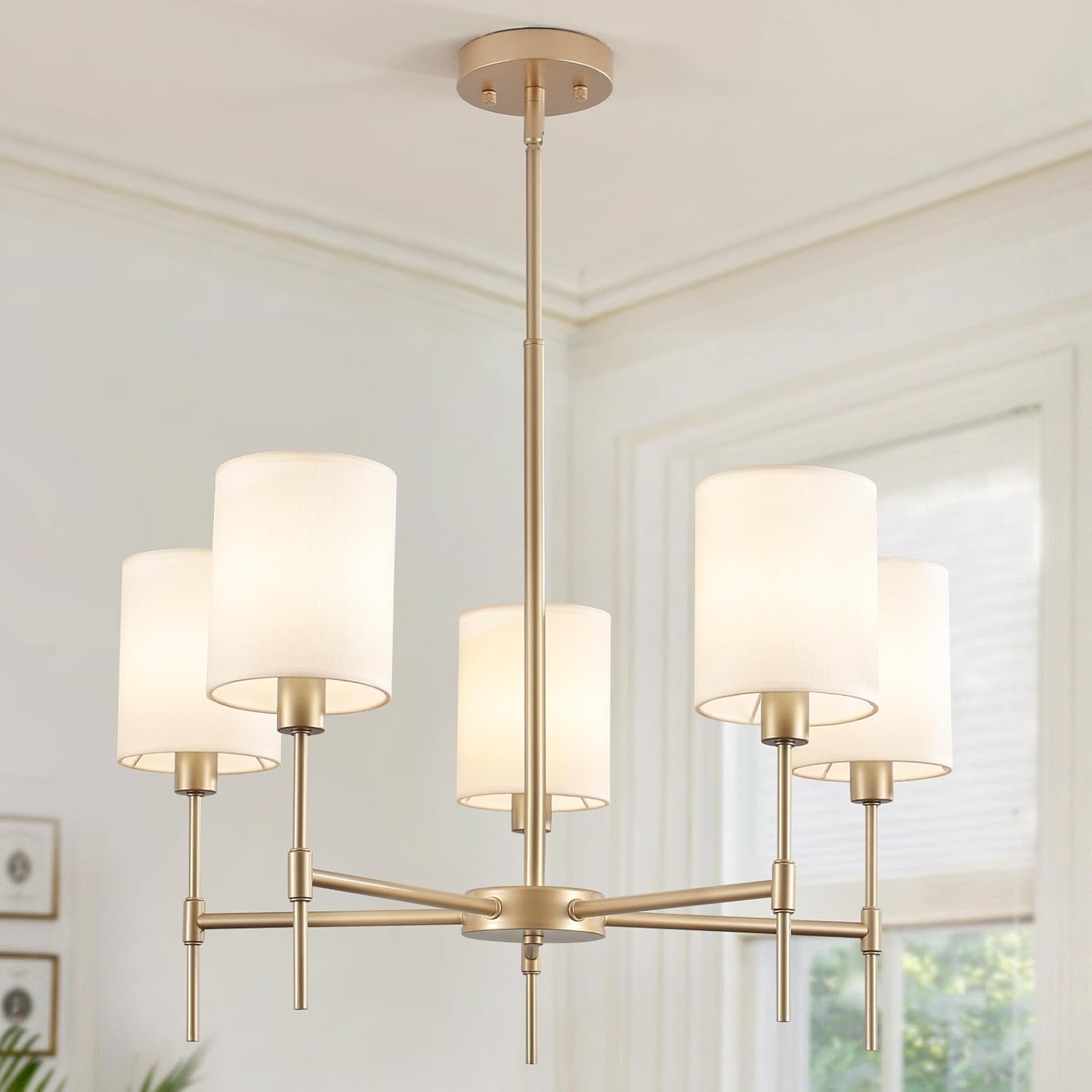Modern Gold Chandelier with White Fabric Shade