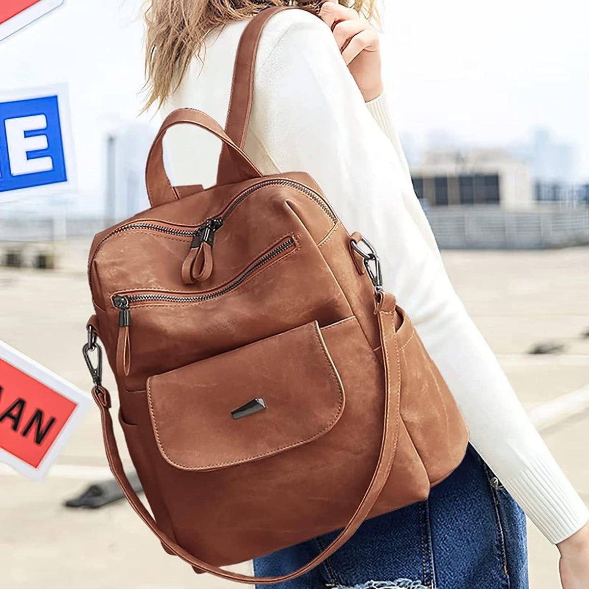 WYFJNX PU Leather Small Backpack Purse Women Brown 12x11" New — photo 5