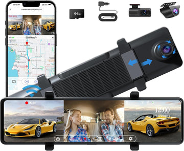 3 Channel Mirror Dash Cam, Aprilboy 12" Triple Rear View Mirror with Front 3K, Inside and Rear 1080P Cameras with 5.8GHz WiFi, G-Sensor, Night Vision, Reverse Assist, Parking Monitoring