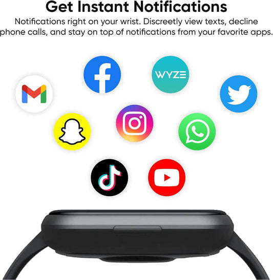 WYZE Smartwatch displaying instant notifications from apps like Facebook, Twitter, Instagram, WhatsApp, and more.