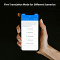 Person holding smartphone displaying five translation modes: touch, speaker, free talk, offline, and photo translation.