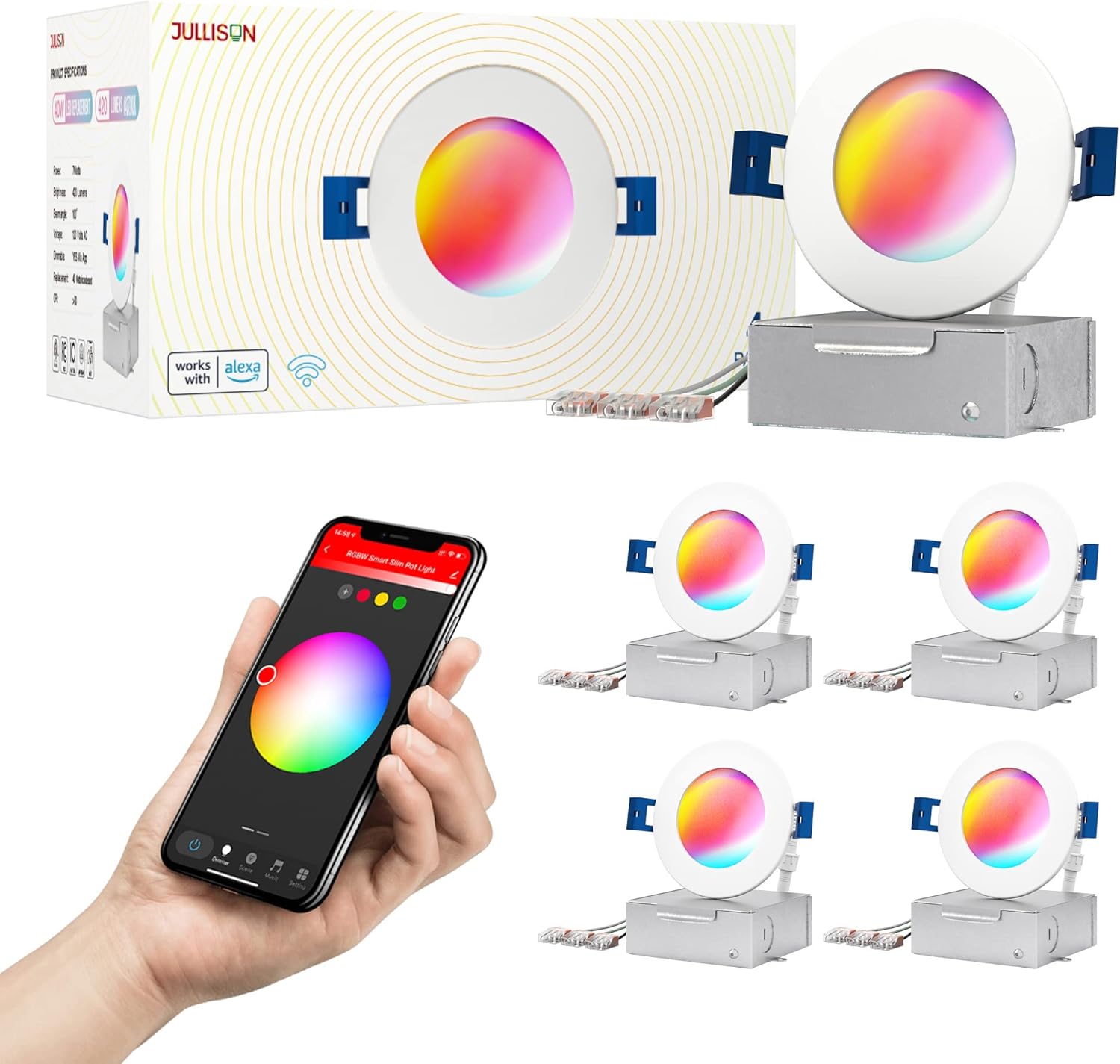 JULLISON 3" LED Recessed Canless Smart Wafer Downlight - 4 Pack