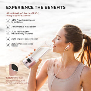 Woman drinking from a pink hydrogen water bottle on the beach emphasizing health benefits such as improved metabolism and concentration.