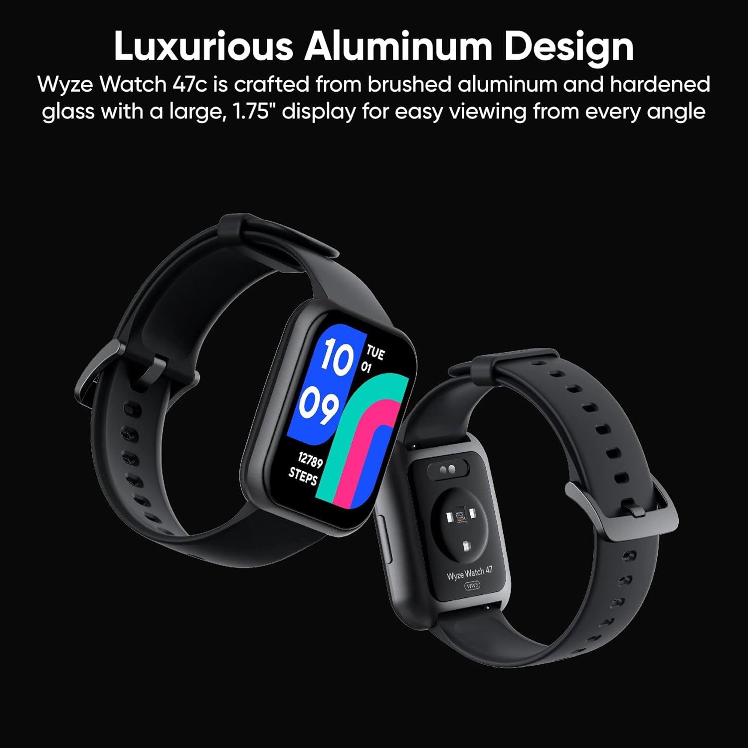 WYZE Smart Watch with 1.75-inch display, aluminum design, showing front and back view with fitness tracker features.