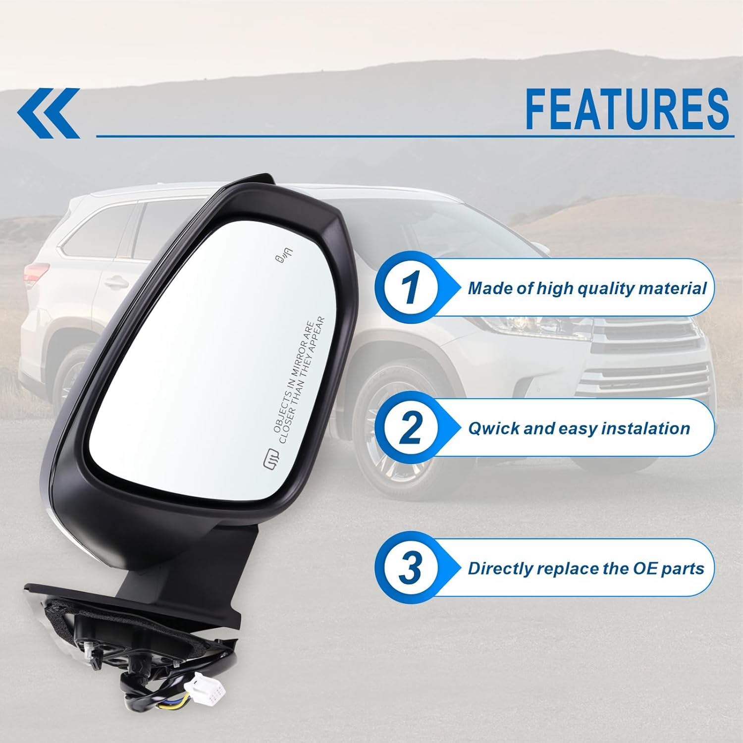 Power Adjustable Side Mirror with Blind Spot Detection for 2014-2019 Highlander