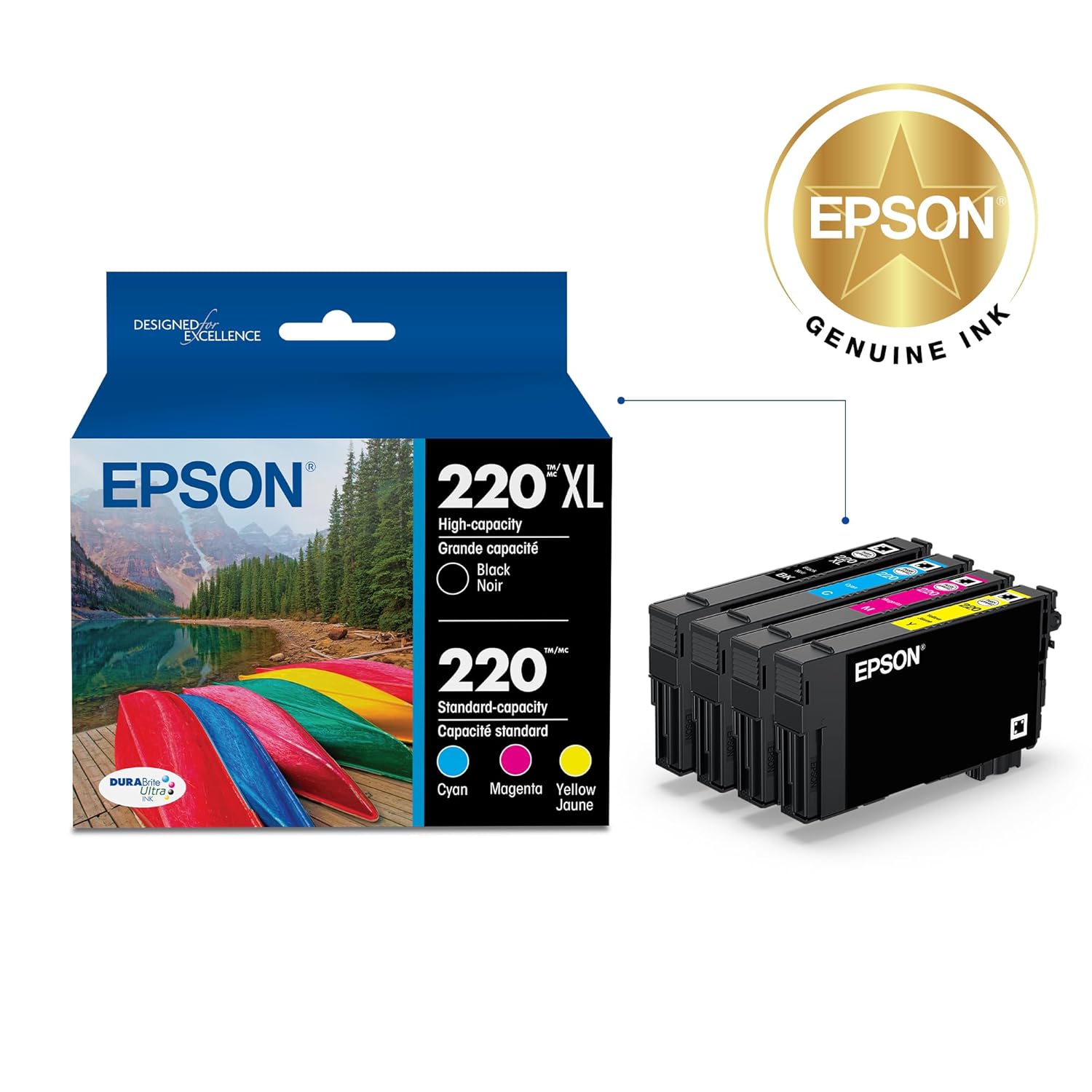 Epson DURABrite Ultra 220XL/220 High Yield Black and Standard Color Cyan Magenta Yellow Cartridge Combo Pack
