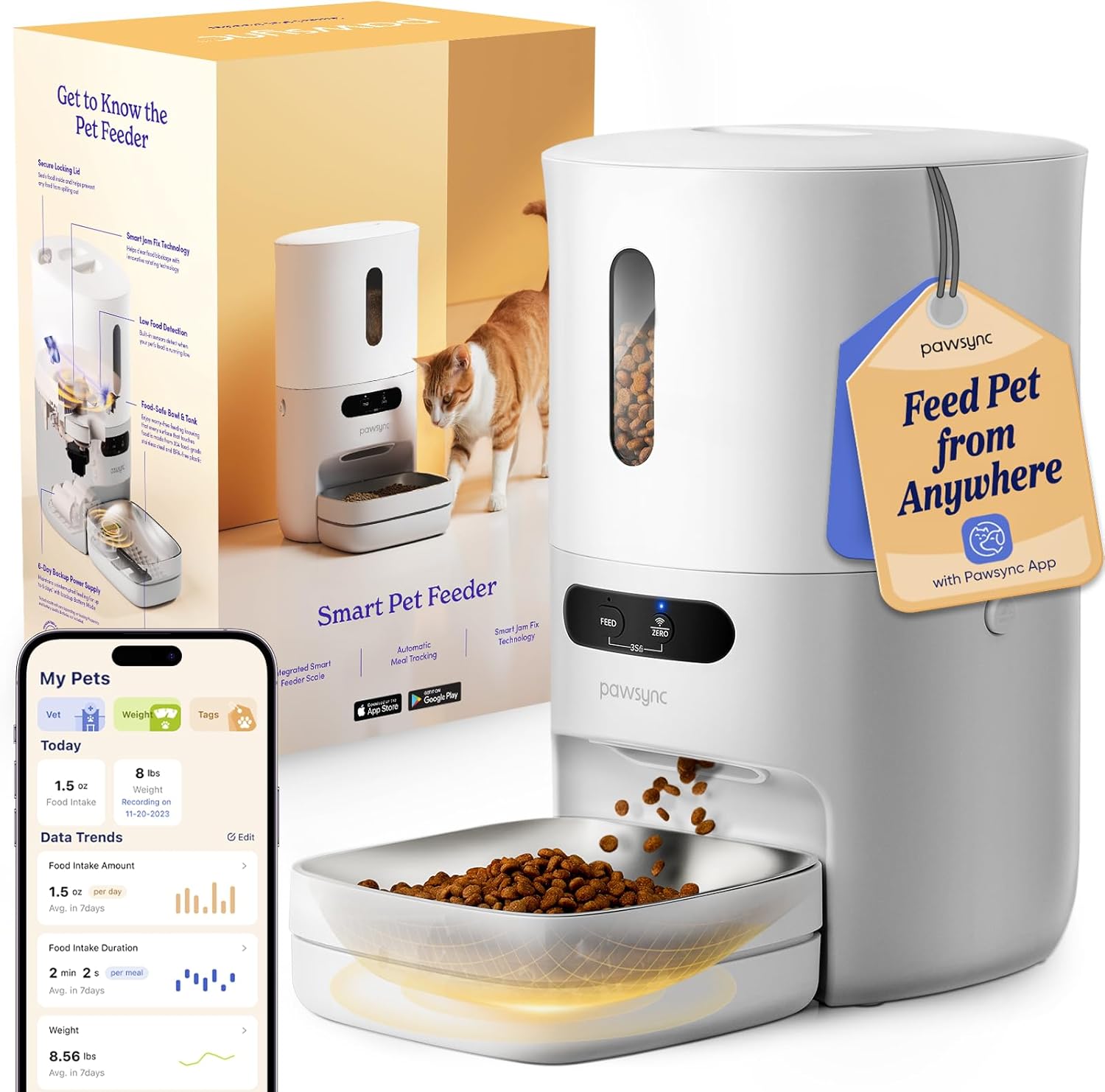 Automatic Cat Feeder,WiFi Smart Scale Tracks Pet's Food Intake, App Remote Feeding, 3.6L Timed Food Dispenser for Cats and Dogs, Up to 10 Meals Per Day, Stainless Steel Bowl, Dual Power Supply