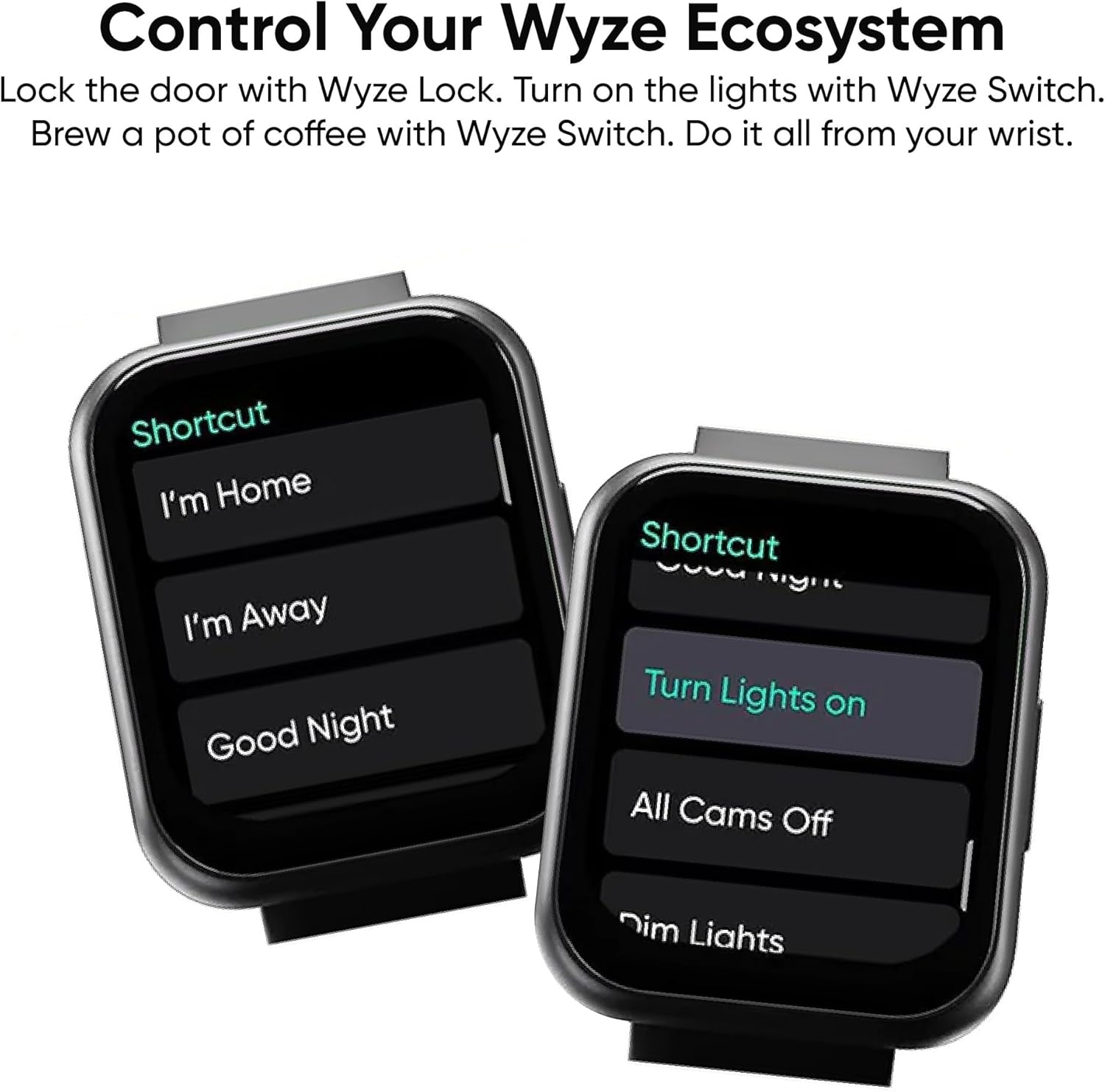 WYZE Smart Watch displaying shortcut controls for home automation, including lighting and lock features.