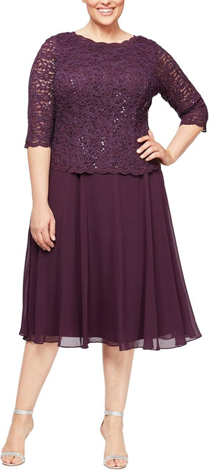 Alex Evenings Women's Plus Size Tea-Length Lace Mock Dress in Deep Plum