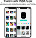 Two smartphones displaying customizable watch faces available in the WYZE app for the WYZE Smart Watch, with various color options.