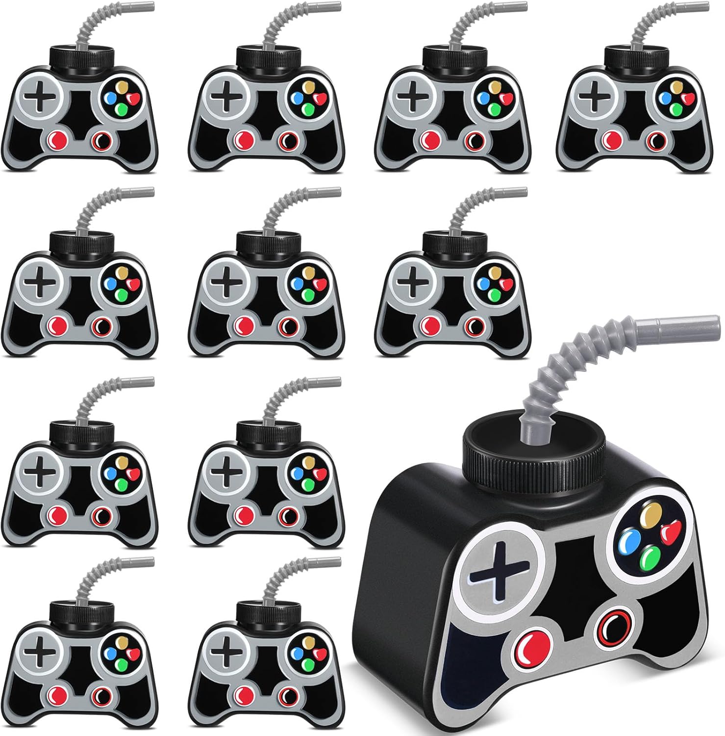 Mifoci 12 Pcs Plastic Video Gaming Cups with Straw and Lid 10oz