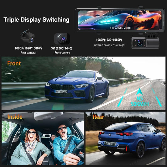 3 Channel Mirror Dash Cam, Aprilboy 12" Triple Rear View Mirror with Front 3K, Inside and Rear 1080P Cameras with 5.8GHz WiFi, G-Sensor, Night Vision, Reverse Assist, Parking Monitoring