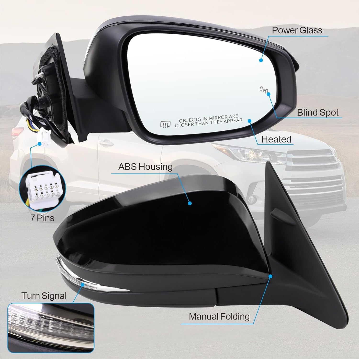 Right Passenger Side Mirror for 2014-2019 Toyota Highlander