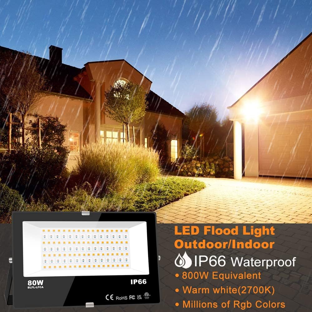 MELPO LED Flood Light Outdoor 800W Equivalent 8000LM Smart RGB Landscape Lighting with APP Control