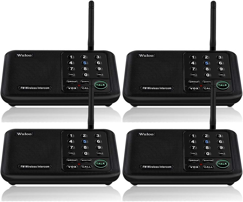 Wuloo Intercoms Wireless for Home 5280 Feet Range 10 Channel 3 Code, Wireless Intercom System for Home House Business Office, Room to Room Intercom, Home Communication System (4 Units Set, Black)