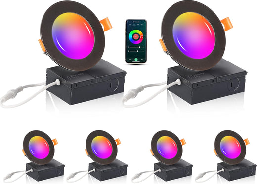 [6 Pack] CLOUDY BAY 4-Inch Smart WiFi LED Recessed Lights – RGB Color Changing, Alexa & Google Home Compatible, 10W 2700K-6500K, CRI90+, Wet Location, Oil Rubbed Bronze