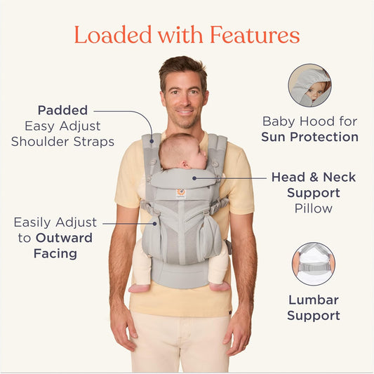 Ergobaby Omni Classic Baby Sling Carrier Newborn to Toddler - Breathable Baby Carriers for Summer - All-Position Carrier for Newborn to Toddler with Lumbar Support (7-45 Pounds), Mesh, Pearl Grey