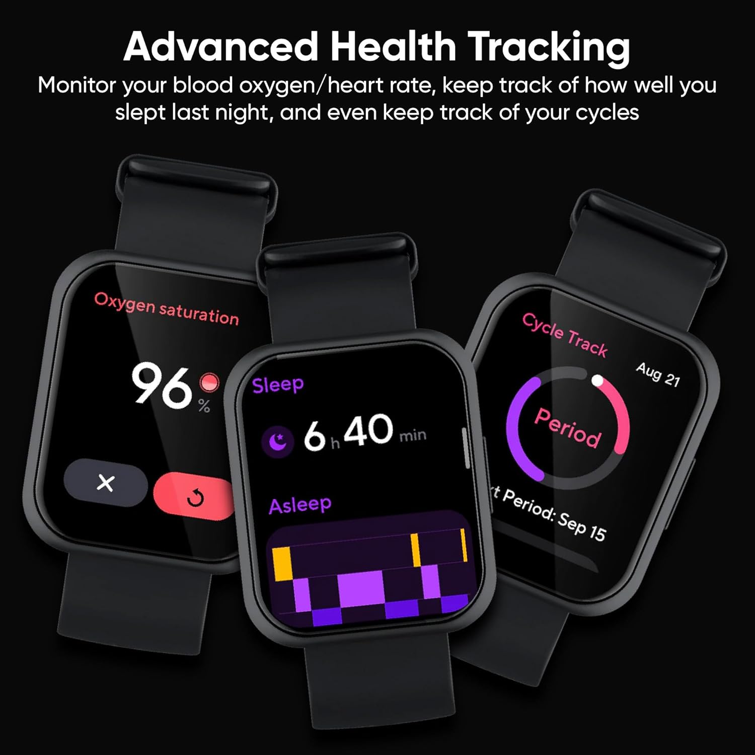 WYZE Smart Watch showing advanced health tracking features: oxygen saturation, sleep monitoring, and menstrual cycle tracking.