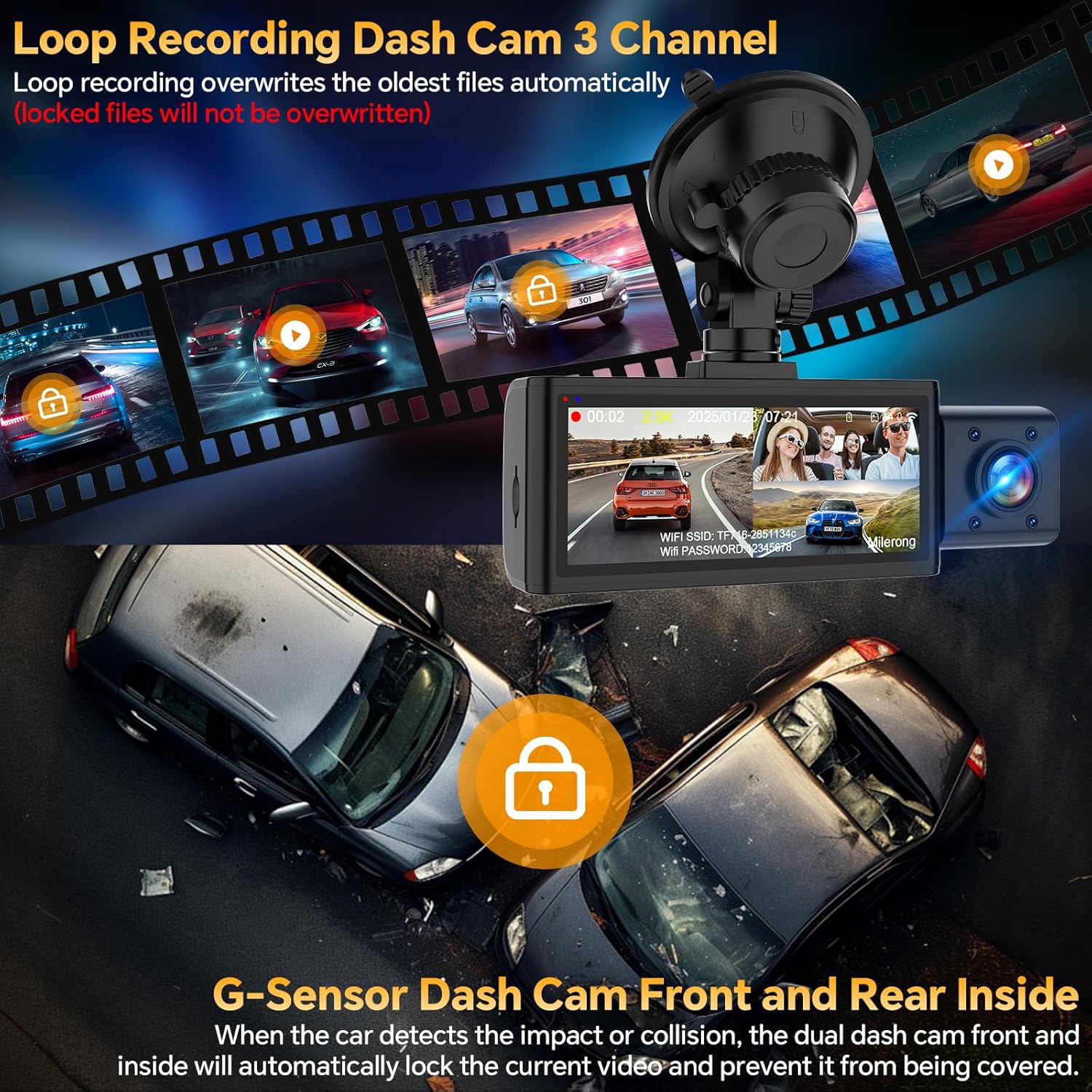 Milerong 2.5K 3 Channel Dash Camera