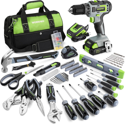WORKPRO Home Tool Set with 20V Cordless Lithium-ion Drill Driver